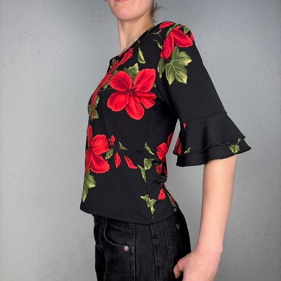 Black floral print ruffle sleeve red flowered boho work - Picture 3 of 8